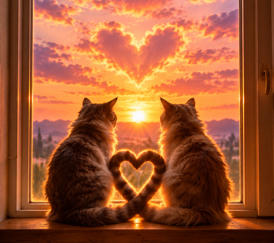 Cats Watching a Heart-Shaped Sunset