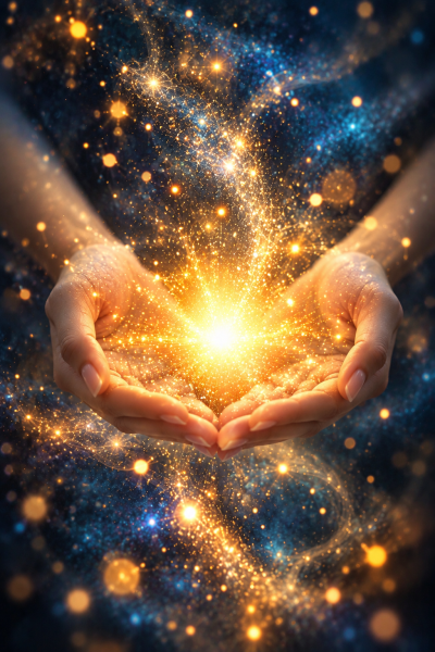 Hands Holding Cosmic Light